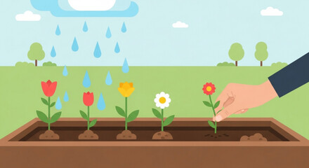 Fototapeta premium Gardening illustration planting flowers in soil with rain falling from clouds concept of growth and nature flat design