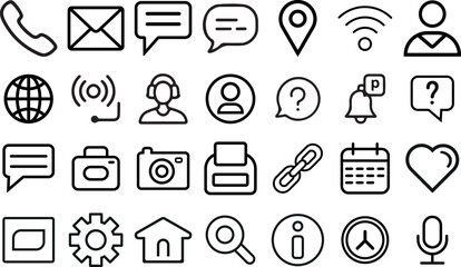 Collection of various modern line style web and communication icons on white background