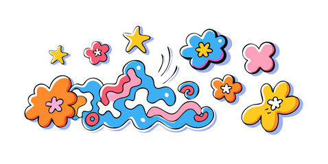 Naklejka premium Abstract cloud and flower shapes sticker pack. Groovy funky flower, bubble, star, loop, waves in trendy retro 90s 00s cartoon style. Vector illustration with wavy and spiral elements .vector icons