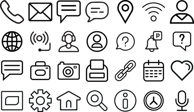 Collection of various modern line style web and communication icons on white background