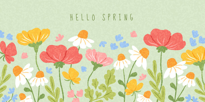 Spring horizontal banner with hand drawn bloom flowers of field.  Perfect for spring holidays, Mother's Day, Easter, Women's Day. Background with beautiful meadow flowers. Vector illustration.