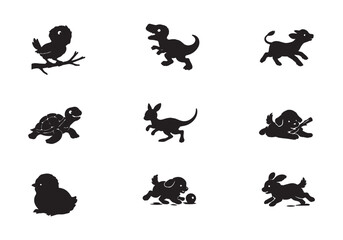 Black Animal Silhouettes Bundle Kangaroo Turtle Rabbit Dog Bird Vector Set