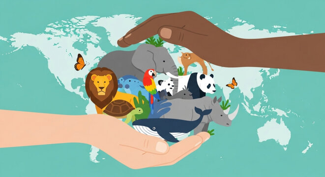Diverse animals protected by hands on world map background concept of conservation and biodiversity flat vector illustration