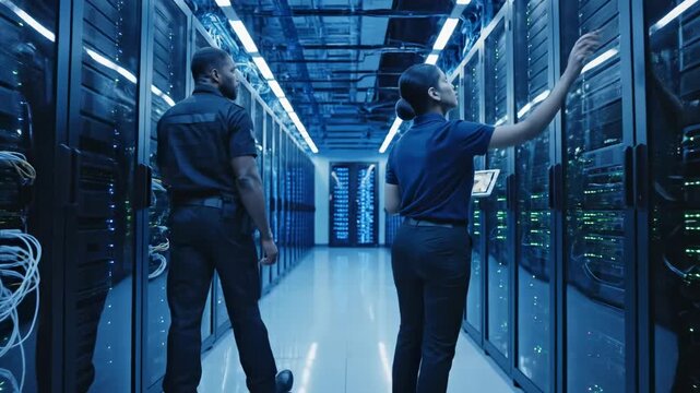Two IT professionals walk through a data center. One is a young Hispanic man with short hair, and the other is a young Caucasian woman with long hair. Blue lighting illuminates the servers.