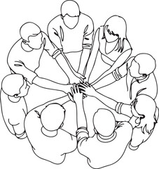 Line drawing of diverse group of people putting their hands together in a circle