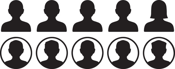Set of black silhouettes of people and heads in circles on white background