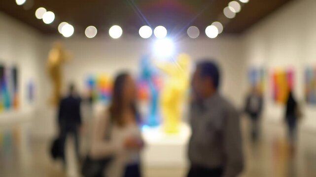 Two blurred people in modern art gallery with bright lights