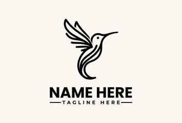 Obraz premium Black and white illustration of a hummingbird logo with a placeholder name and tagline on a beige background, featuring a stylized icon and vector graphics.