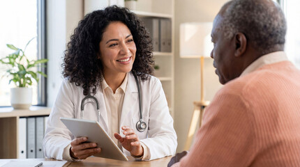 Female doctor explaining medical information to senior patient using tablet during consultation in medical office with natural window light