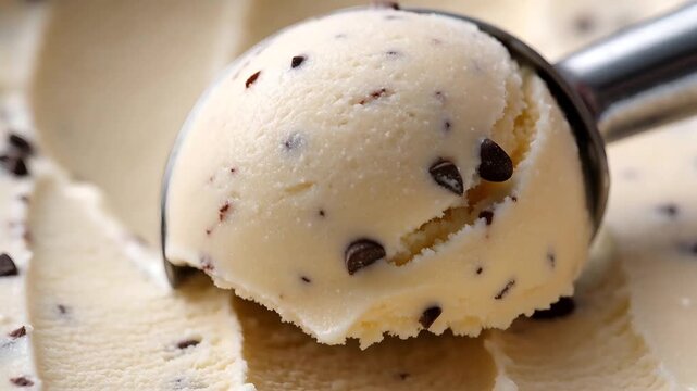 Scoop of vanilla ice cream with dark chocolate chips close up shot