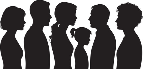 Silhouettes of people standing in a row facing right side profile