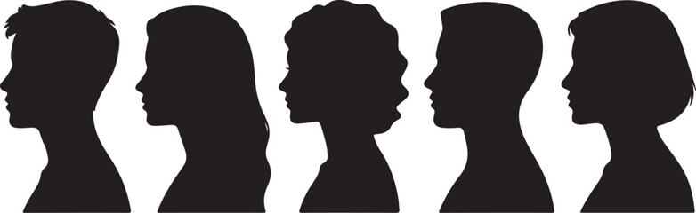 Silhouettes of diverse people heads in profile on white background