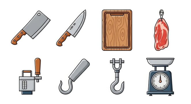 Butcher Shop Tools and Meat Icons Set Isolated on White Background