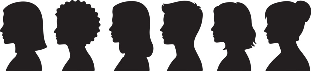 Six black silhouettes of diverse people profiles facing right side isolated on white background