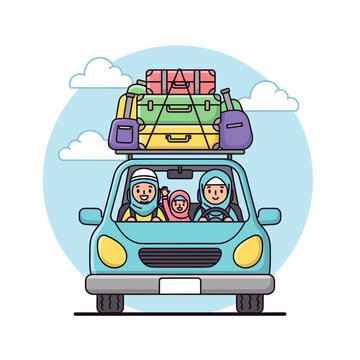 Happy family in a car with luggage for holiday mudik travel