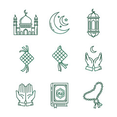 Set of green line art icons for Islamic items and symbols