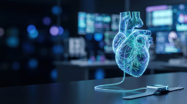 Hologram heart cardiology healthcare technology wearable smartwatch data display on desk, futuristic clinic for patient monitoring, blood flow