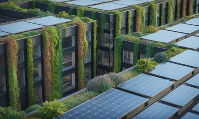 Sustainable architecture with solar panels and vibrant green walls