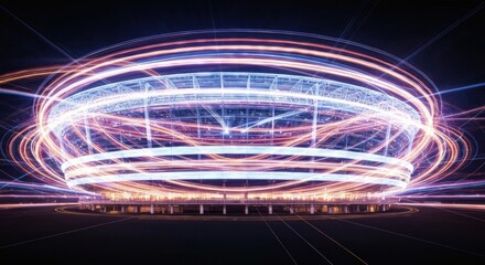 Light trails surround a stadium-like structure, suggesting energy flow