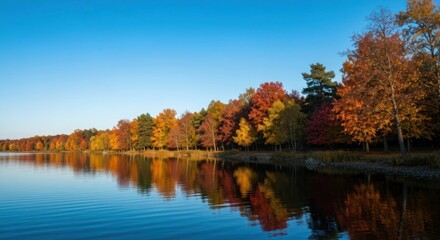 Autumn forest with colorful trees reflecting in calm lake water
