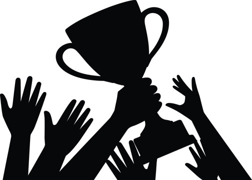 Winner holding trophy cup silhouette vector, crowd of hands reaching for championship success and victory
