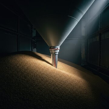 Checking the temperature and moisture levels of stored commodity grain inside a large farm storage bin to ensure optimal preservation ,supply ,facility ,grain