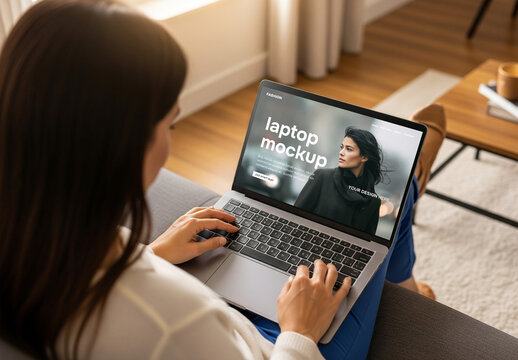 A woman using a laptop mockup