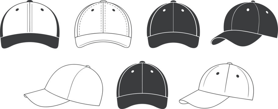 Blank baseball cap vector icon set, different view template mockup for headwear design and branding