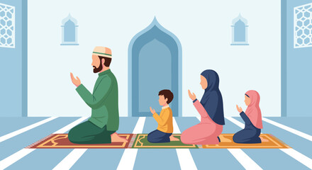 Tarawih Family Pray Flat Design Ramadhan Kareem Greeting Celebration Banner Flat Illustration. Vector Illustration Ramadan Kareem Celebration design for poster, greeting card, banner and cover. © efek