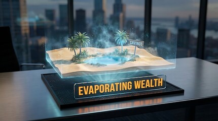 Holographic Display Shows Evaporating Wealth Concept Over Cityscape Background.