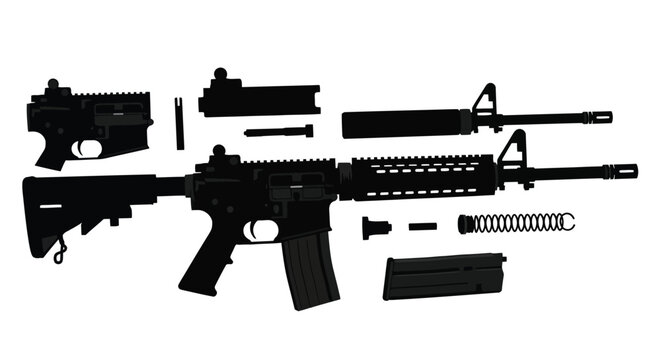 Exploded view of a black ar 15 style assault rifle and components