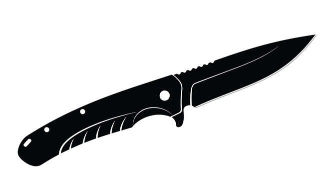A black silhouette of a folding pocket knife with a partially serrated blade