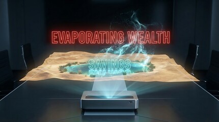 Holographic Projection of Evaporating Health in a Futuristic Boardroom.