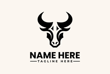 A stylized black bull logo illustration with a star design on its forehead, accompanied by placeholder text for a name and tagline on a plain beige background.