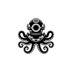 A detailed black and white vector illustration of a vintage deep-sea diver helmet combined with octopus tentacles. A clean, high-contrast nautical graphic icon. © Kotliar Ivan