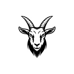 A powerful black and white vector illustration of a mountain goat's head with curved horns and a beard. A clean, high-contrast animal mascot on a white background.