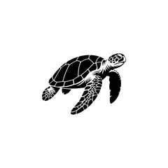 A detailed black and white vector illustration of a swimming sea turtle. The design features high-contrast patterns on the shell and flippers, isolated on a white background. © Kotliar Ivan
