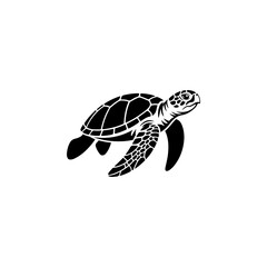 A detailed black and white vector illustration of a swimming sea turtle. The design features high-contrast patterns on the shell and flippers, isolated on a white background. © Kotliar Ivan