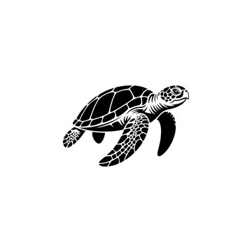A detailed black and white vector illustration of a swimming sea turtle. The design features high-contrast patterns on the shell and flippers, isolated on a white background.