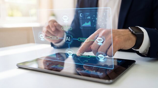 Business professional using digital tablet with AI automation interface, chatbot network, data analytics dashboard, finance process management, and machine learning system in modern corporate office.