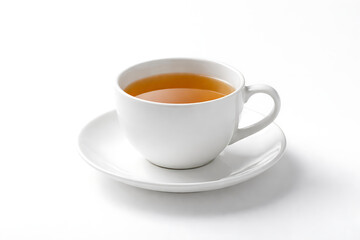 Fototapeta premium Minimalist white ceramic tea cup on white background, soft shadows, studio lighting