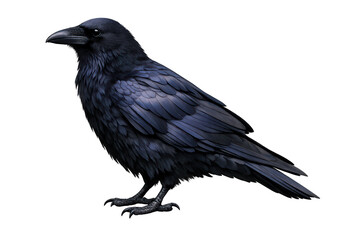 Obraz premium Raven standing, looking left, featuring detailed dark feathers, intelligent eyes, and a sharp beak. Transparent background