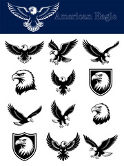 Collection of American Eagle illustrations in black and white designs