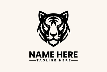 Fototapeta premium A black and white illustration of a tiger's head logo with placeholder text on a beige background, featuring a stylized vector graphic design.