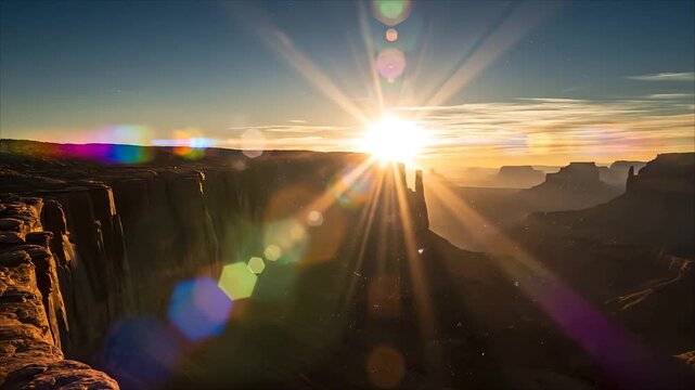 Golden Sunrise in Desert Canyon with Sunstar and Moving Clouds