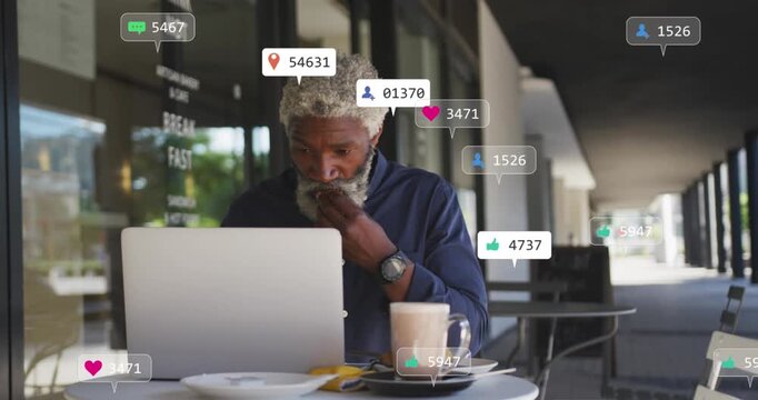 Animated social media icons over a multicolored global business interface.