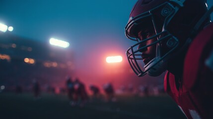 Focused football player in helmet silhouetted against bright stadium lights, capturing intensity and anticipation on the field.