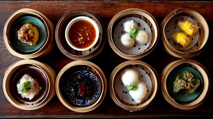 A variety of dim sum served in bamboo baskets