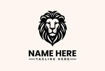 Fototapeta premium A black and white illustration of a lion's head logo with a customizable name and tagline on a plain beige background, featuring a vector graphic design with an icon and pictogram elements.