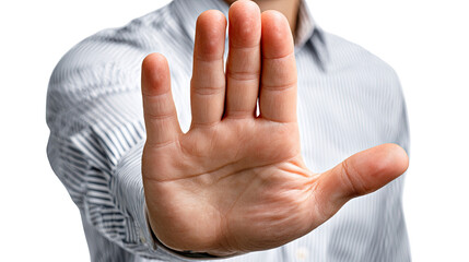 Naklejka premium Gesture of Prohibition: A person, their arm outstretched, their hand firmly displays a 'stop' or 'halt' gesture, conveying a clear message of prohibition or warning.